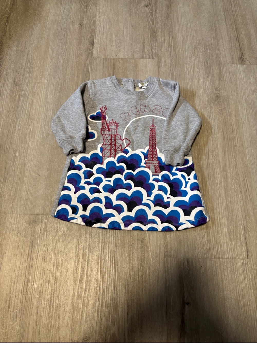 Kenzo Gray Sweatshirt Dress with Blue & Purple Wave Print